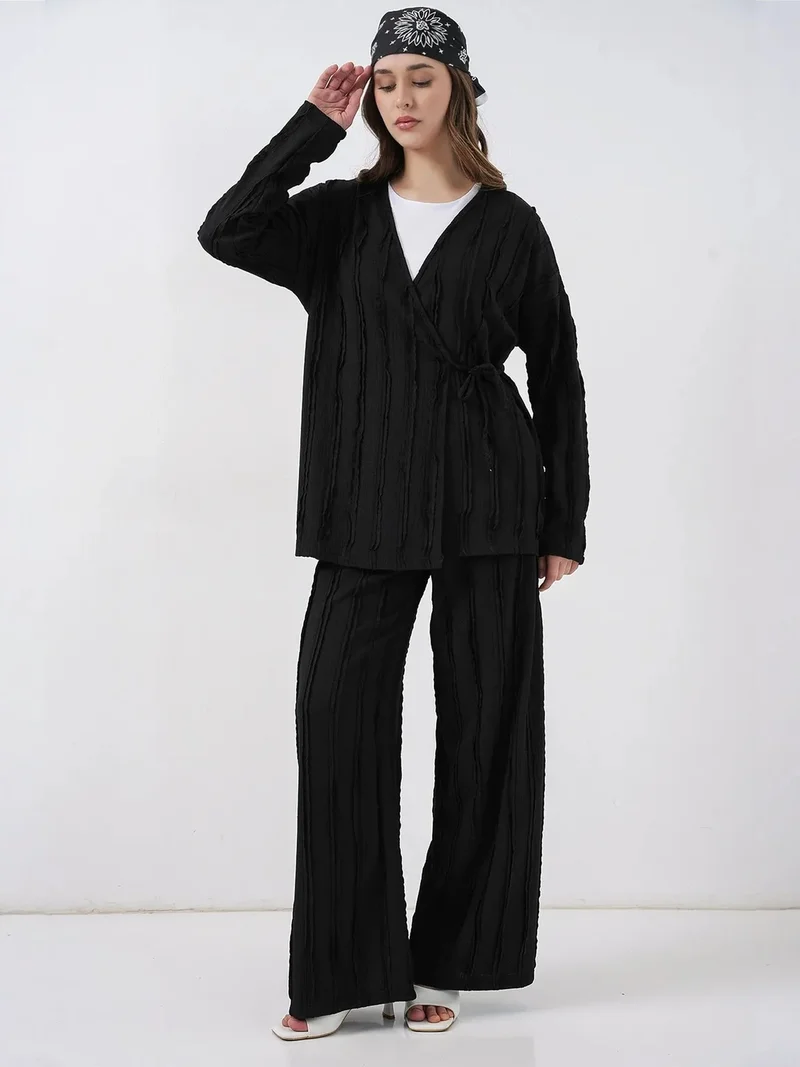 BIG DART BDART Textured V-Neck Tie Detail Kimono & Wide Leg Pants Set